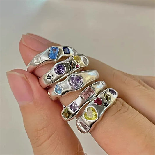 Korean Opal Irregular Rings Pink Zircon Natural Stone Girl Wedding Engagement Rings Opal Crystal Y2K Rings Aesthetic Jewelry