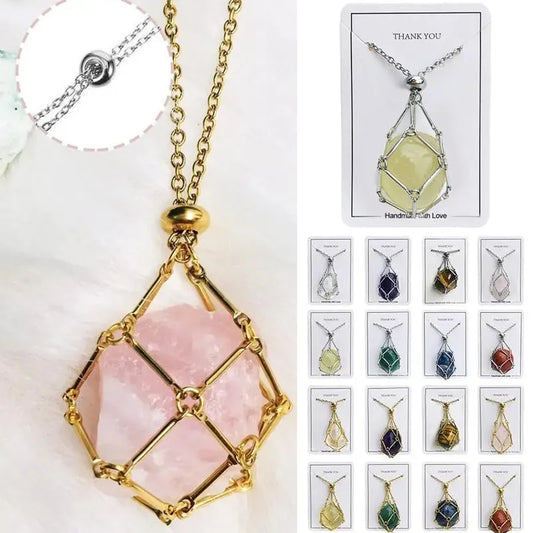 Stainless Steel Design Crystal Cage Necklace Holder Net Metal Chain Stone Collecting Holder Adjustable Pendant Copper Jewelry